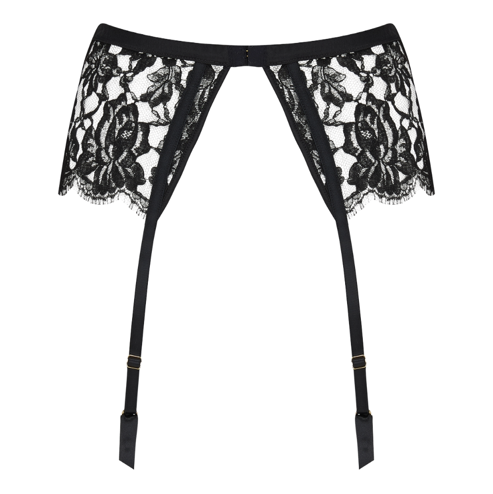 Black floral lace garter belt with attached suspender straps, shown flat against a white background.