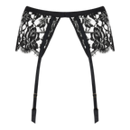 Black floral lace garter belt with attached suspender straps, shown flat against a white background.