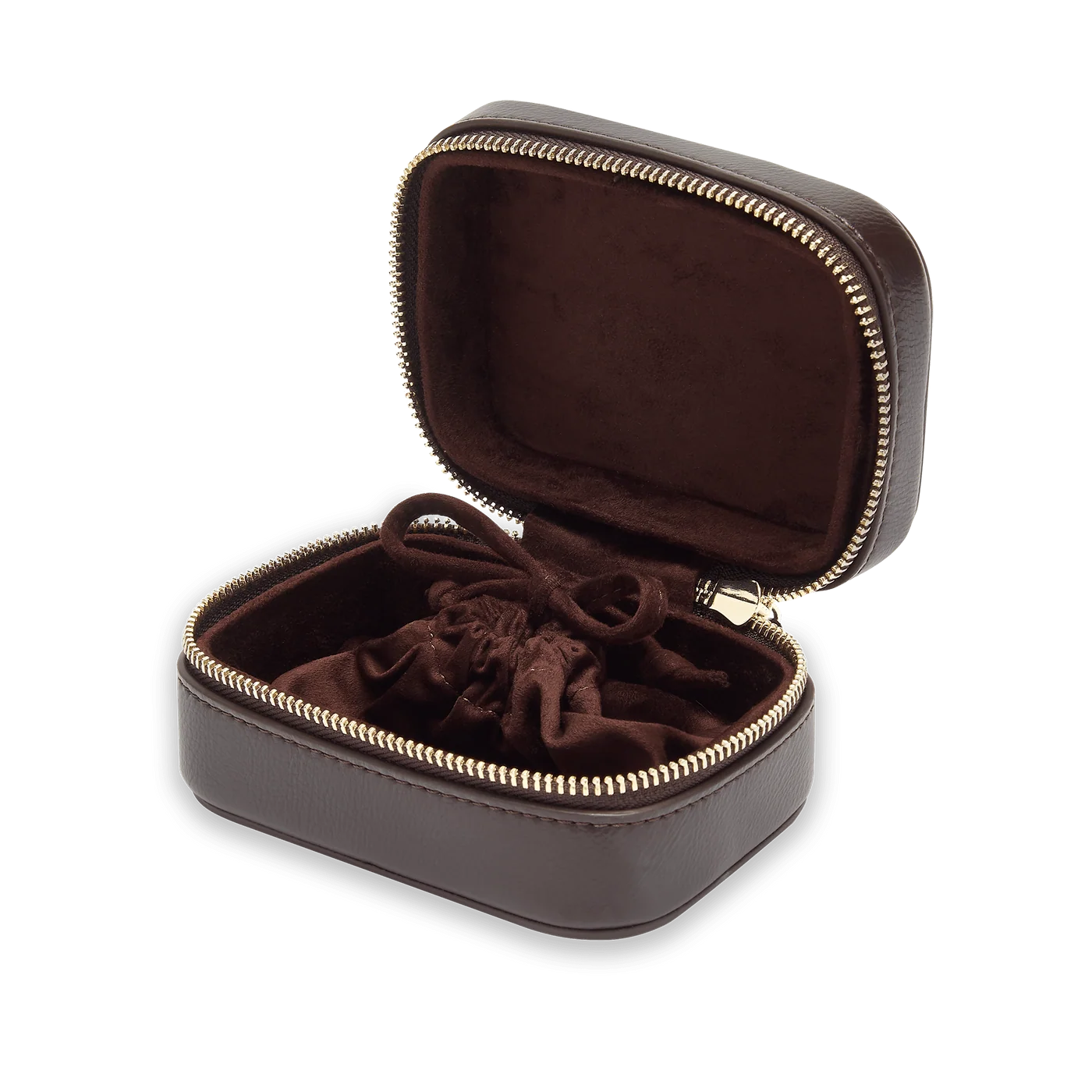 Brown case with velvet interior on a white background